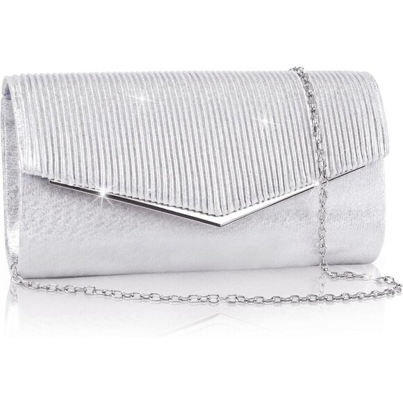 🆕Women’s Silver Bling Envelope Evening Bag w/Chain Polyester Formal Handbag - Picture 1 of 7
